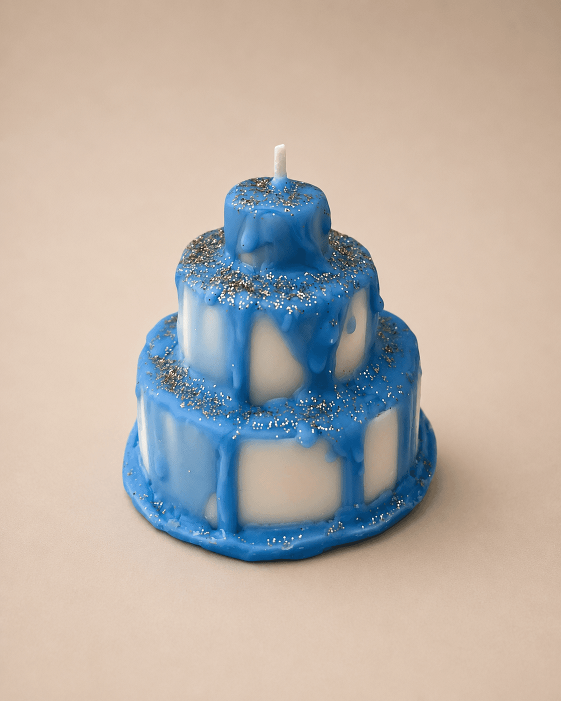 Custom three-tier blue cake candle with glitter