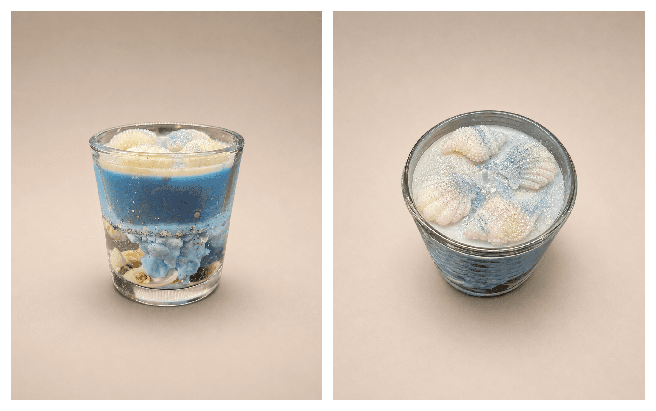 Custom seashell gel candle, front and top view