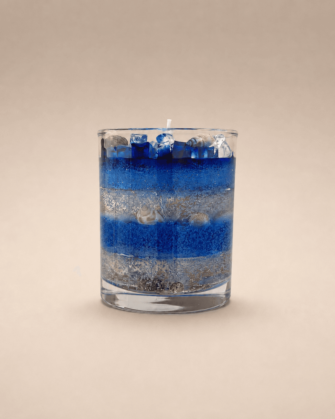 Custom ocean-themed gel candle with seashells