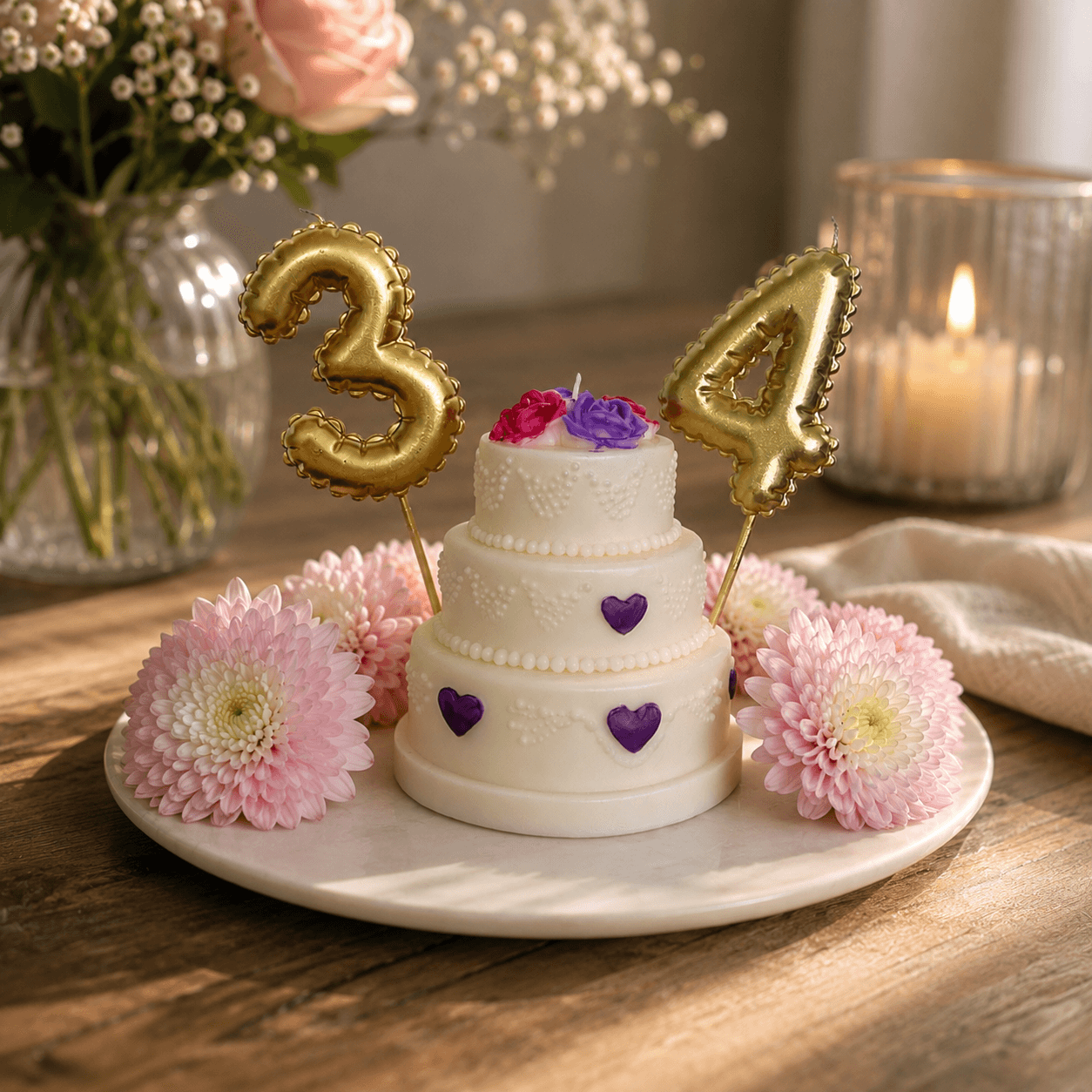 A customer’s birthday cake candle styled with number balloons and flowers