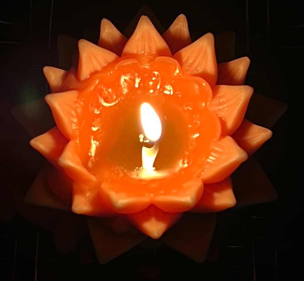 A customer’s lit sunflower candle from above