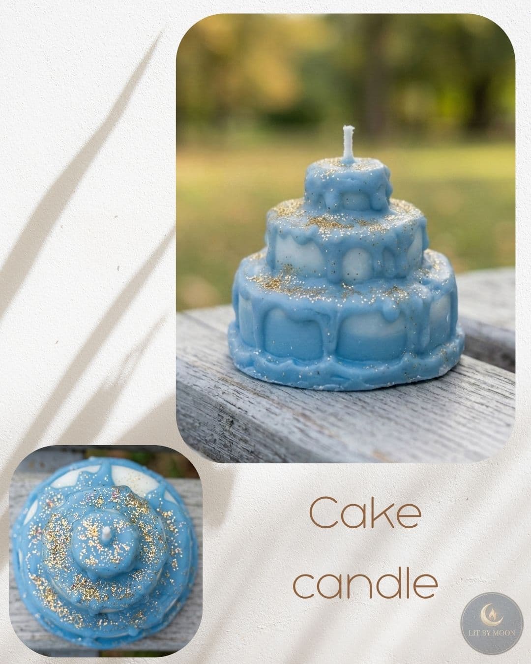 A sculptural tiered cake candle with golden glitter — a stunning decorative piece.