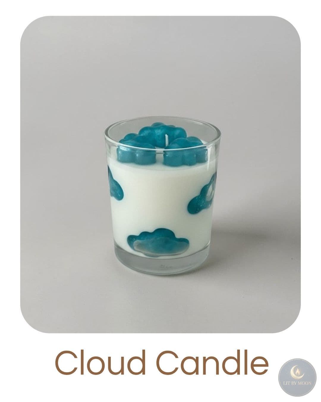 A soft, cloud-shaped candle in soy wax with a dreamy teal top — a gentle touch of whimsy.