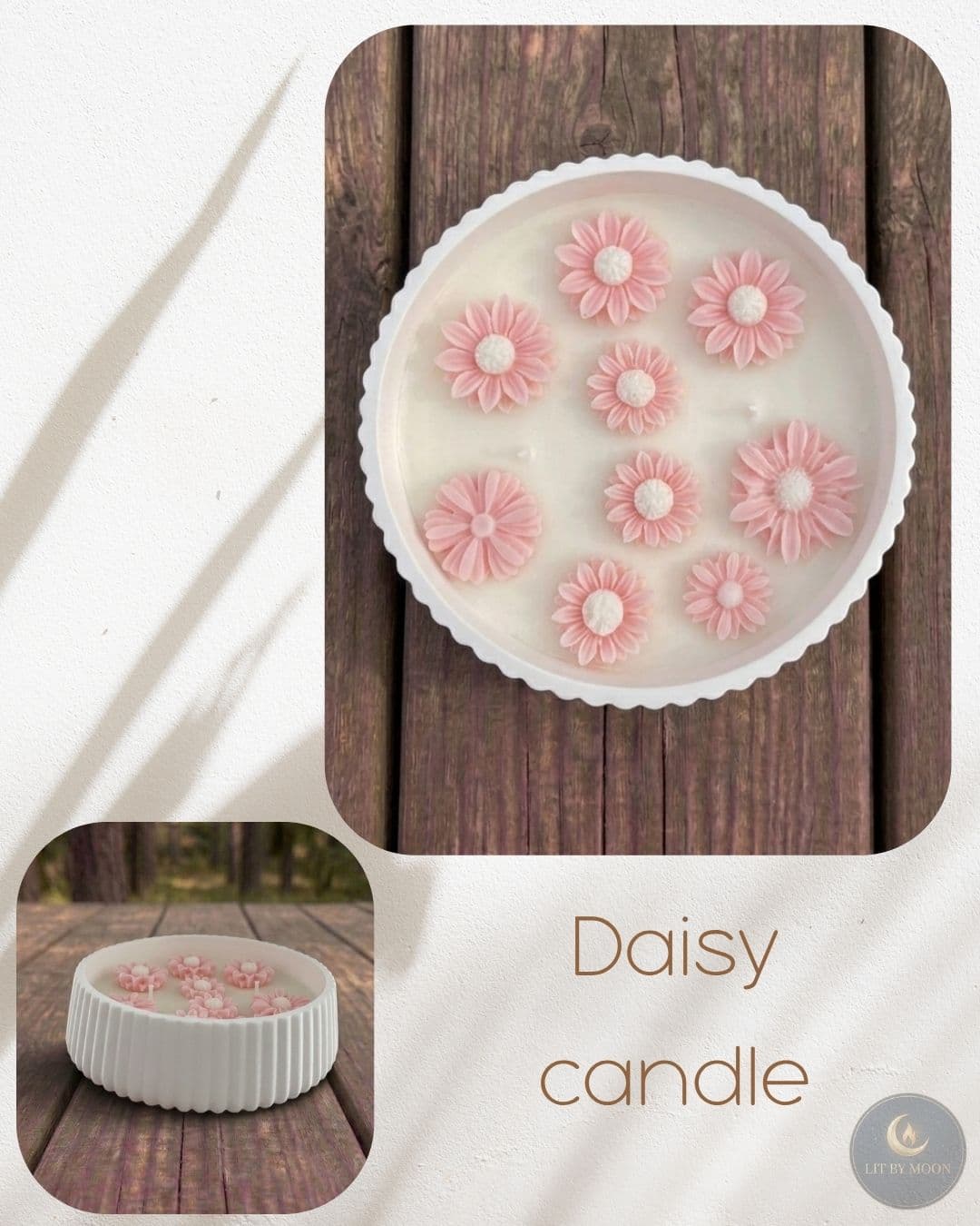 A cheerful daisy-topped candle in soft blue, crafted from natural soy wax.