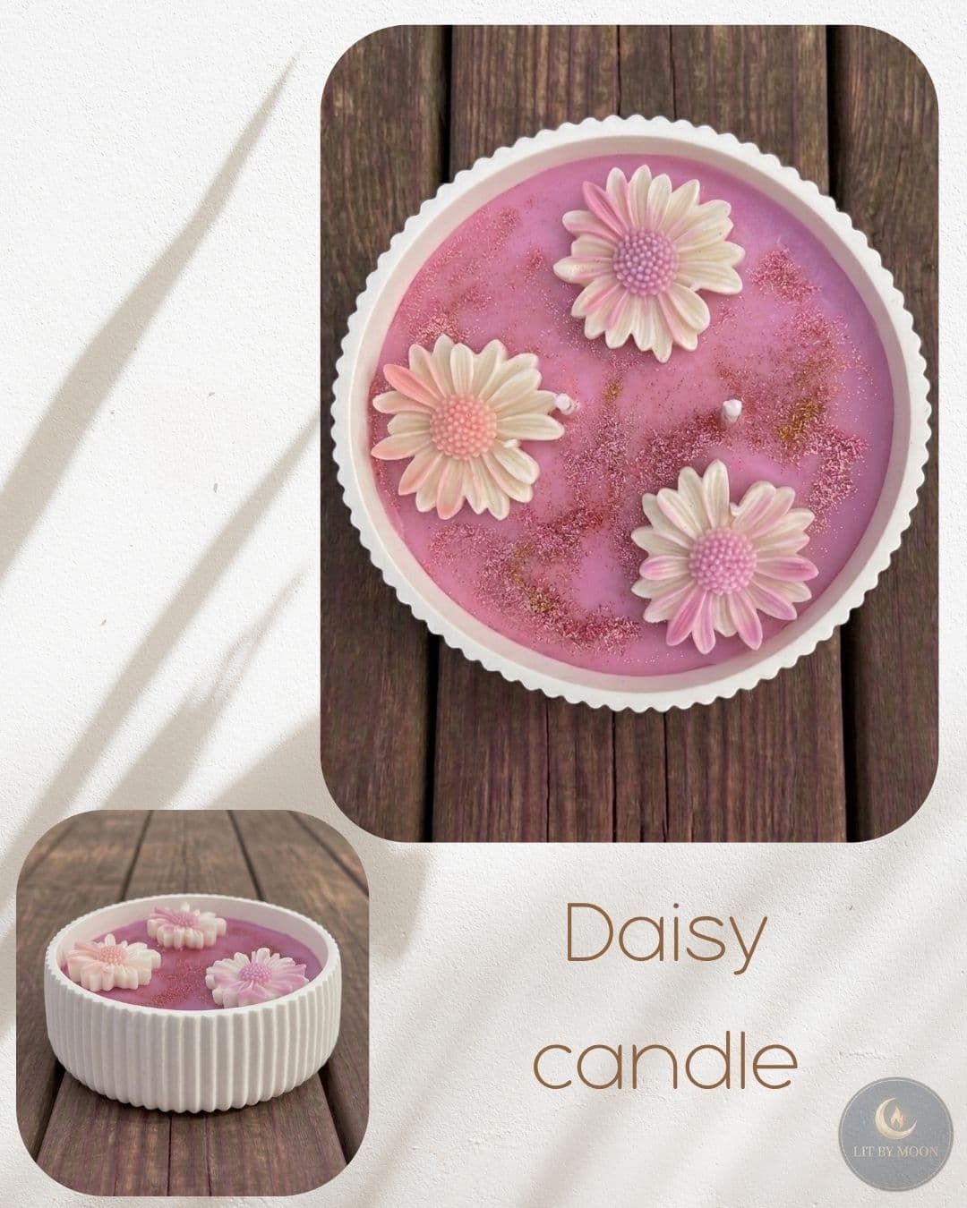 A cheerful daisy-topped candle in soft blue, crafted from natural soy wax.
