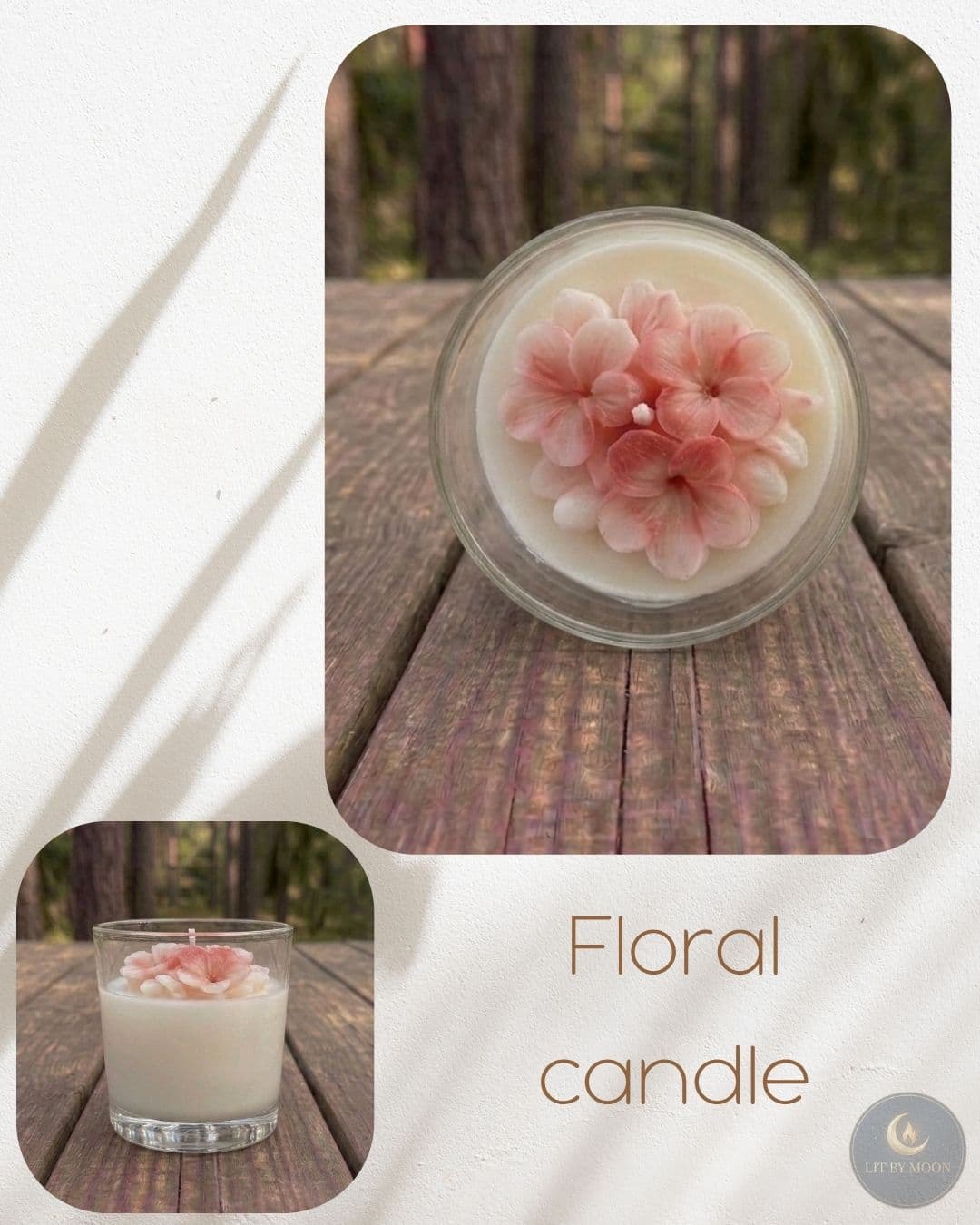 A delicate floral candle topped with a hand-sculpted flower, made with natural soy wax.