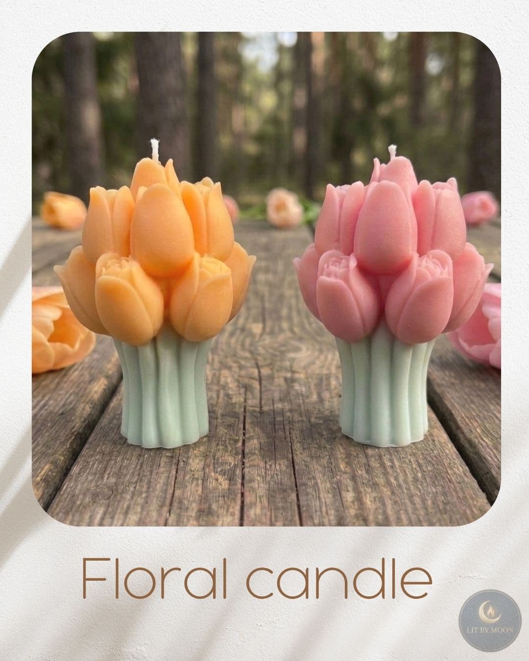A delicate floral candle topped with a hand-sculpted flower, made with natural soy wax.