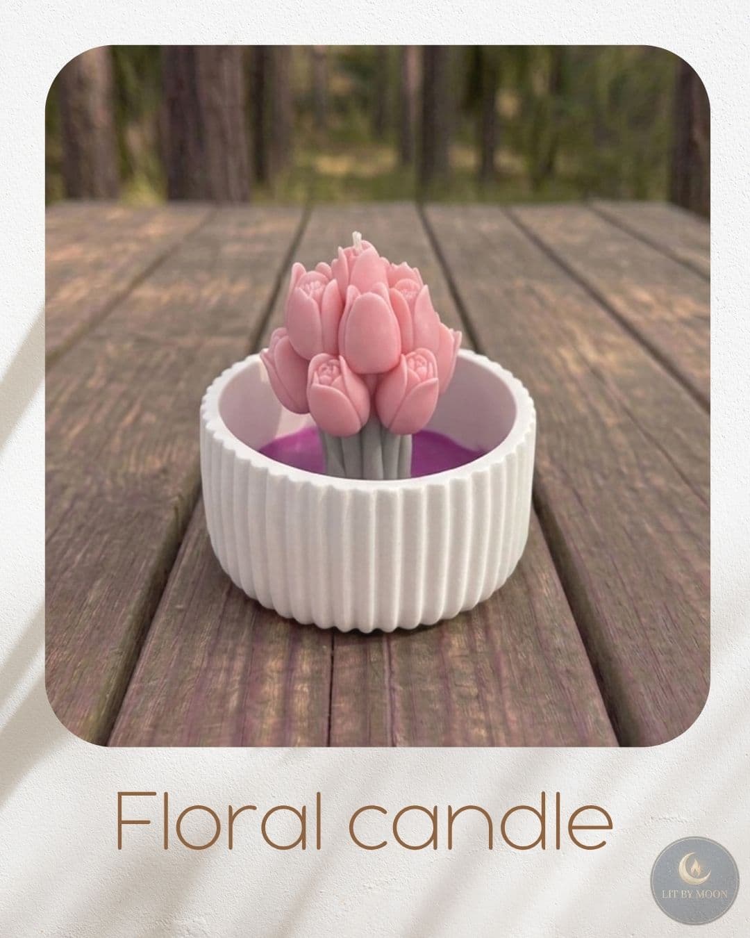 A delicate floral candle topped with a hand-sculpted flower, made with natural soy wax.