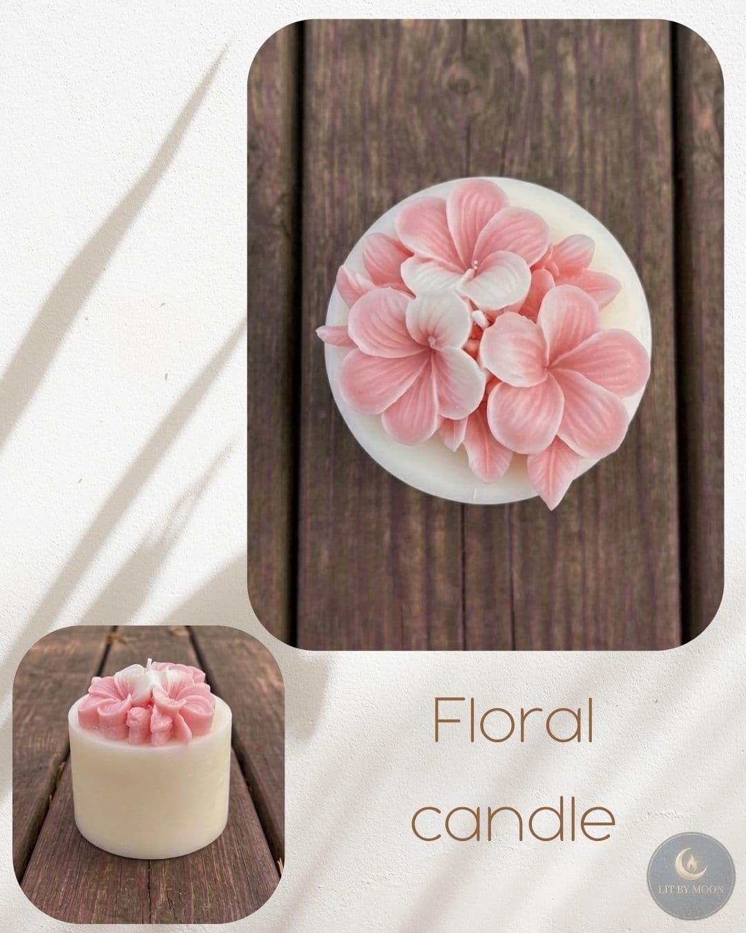 A delicate floral candle topped with a hand-sculpted flower, made with natural soy wax.