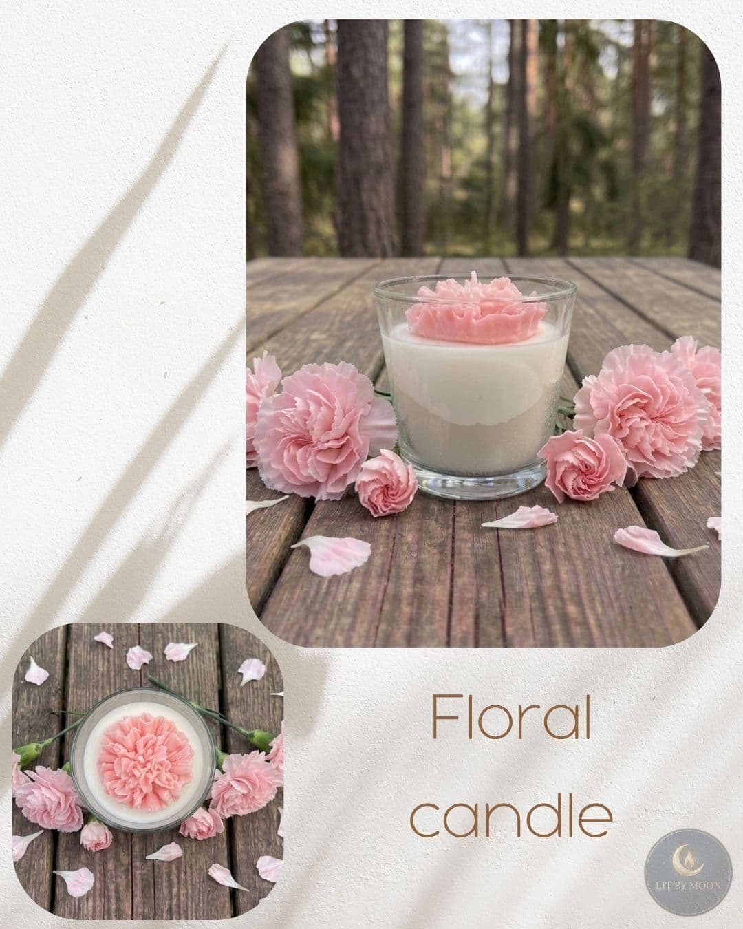 A delicate floral candle topped with a hand-sculpted flower, made with natural soy wax.