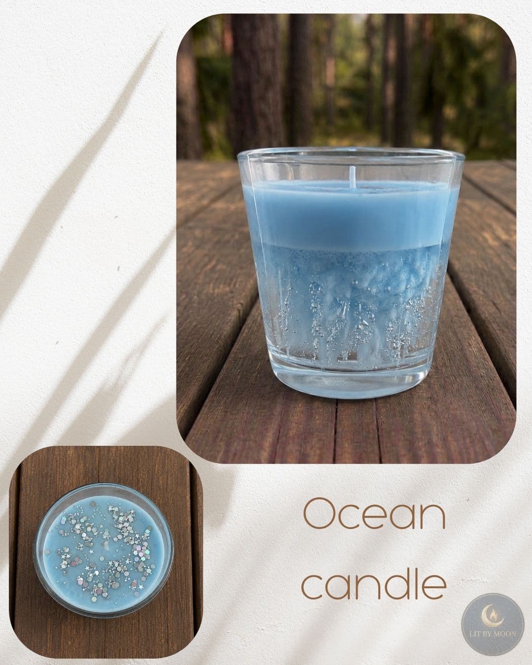 Inspired by the sea — layered soy and gel wax with seashell details and a shimmer finish.