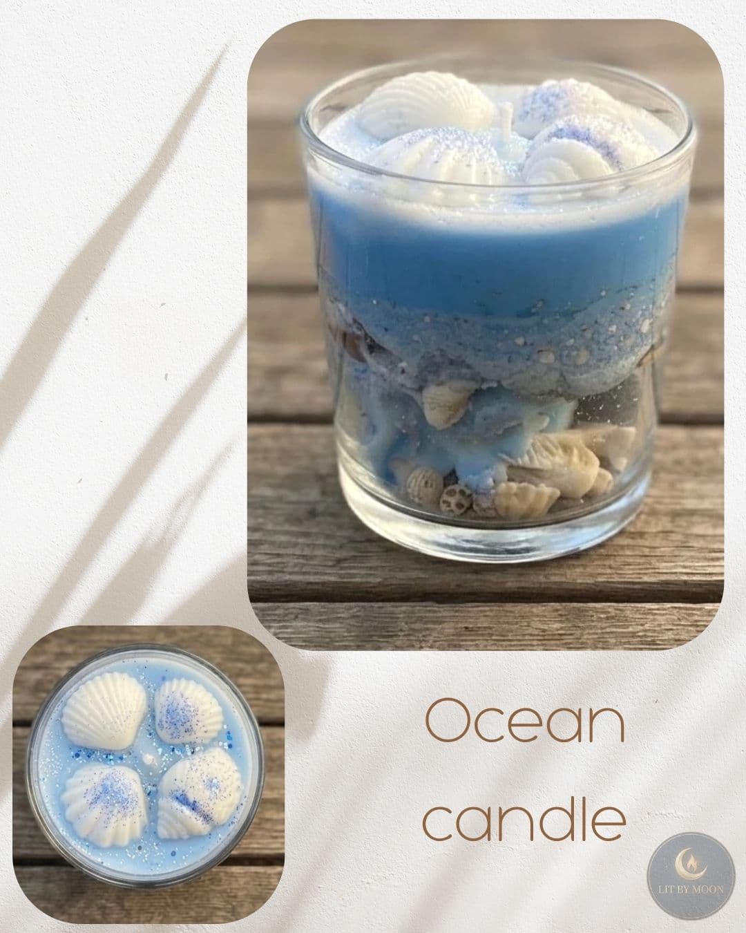 Inspired by the sea — layered soy and gel wax with seashell details and a shimmer finish.