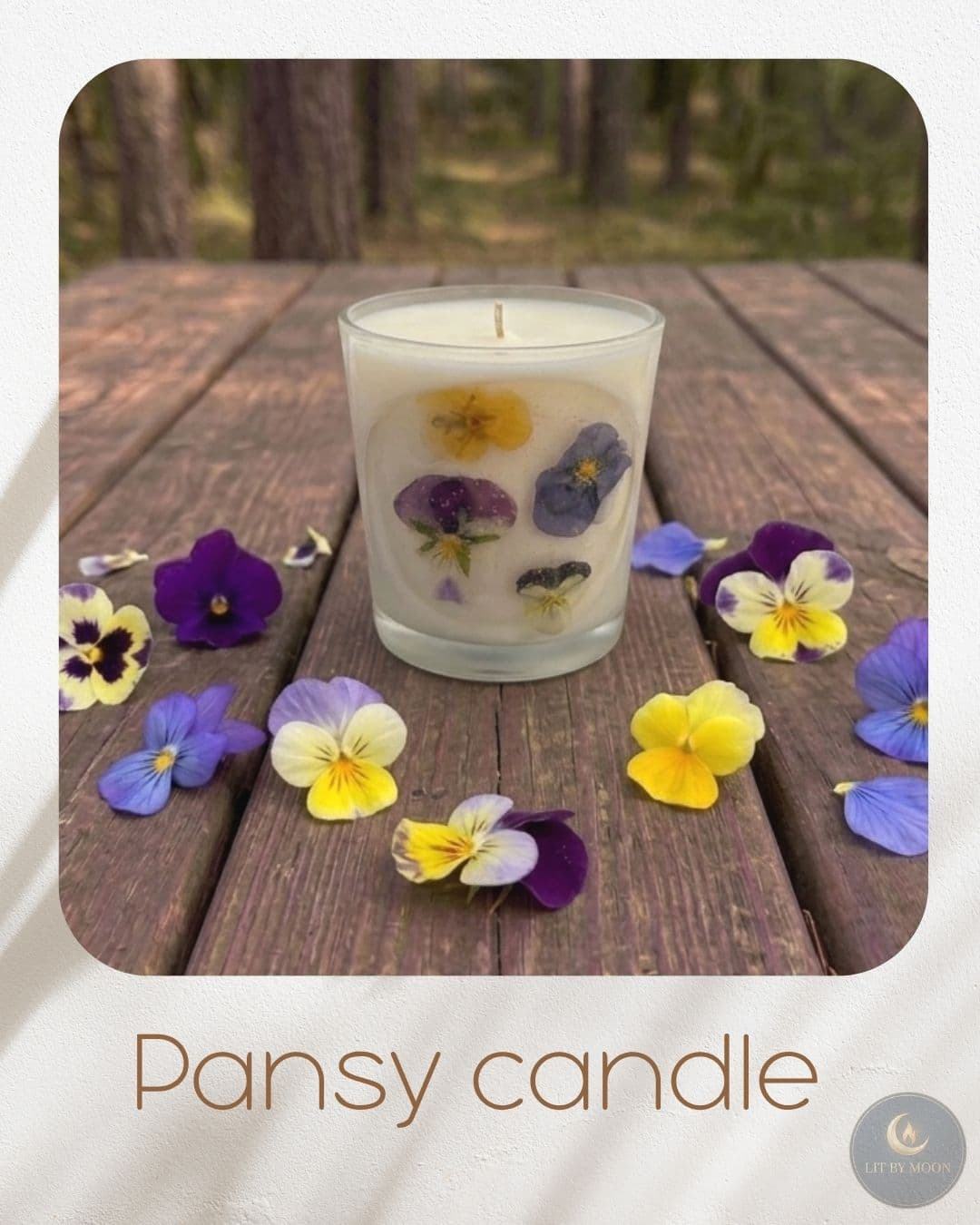 Real pressed pansy flowers embedded in clear gel wax — nature preserved in light.